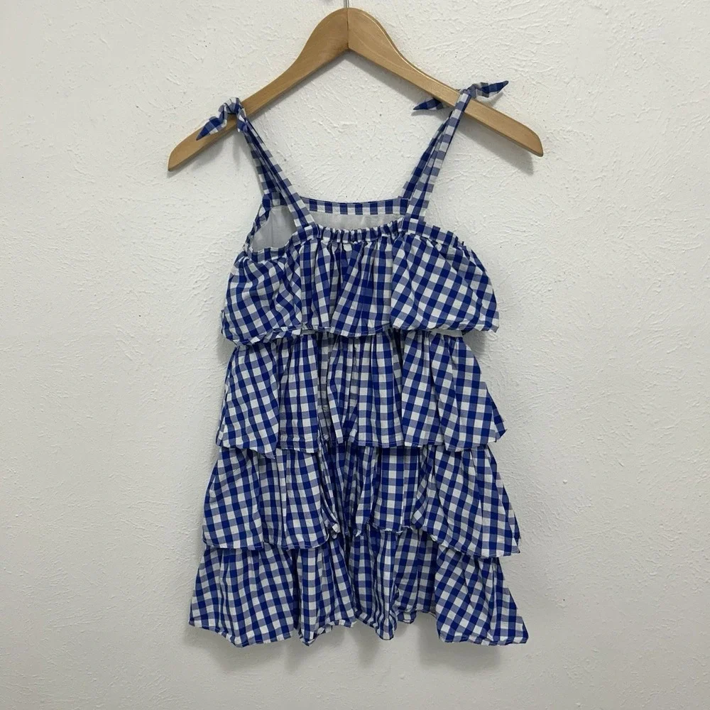 J. Crew Crewcuts Blue Gingham Dress‎ Tiered Ruffle Classic Size 8 French Picnic